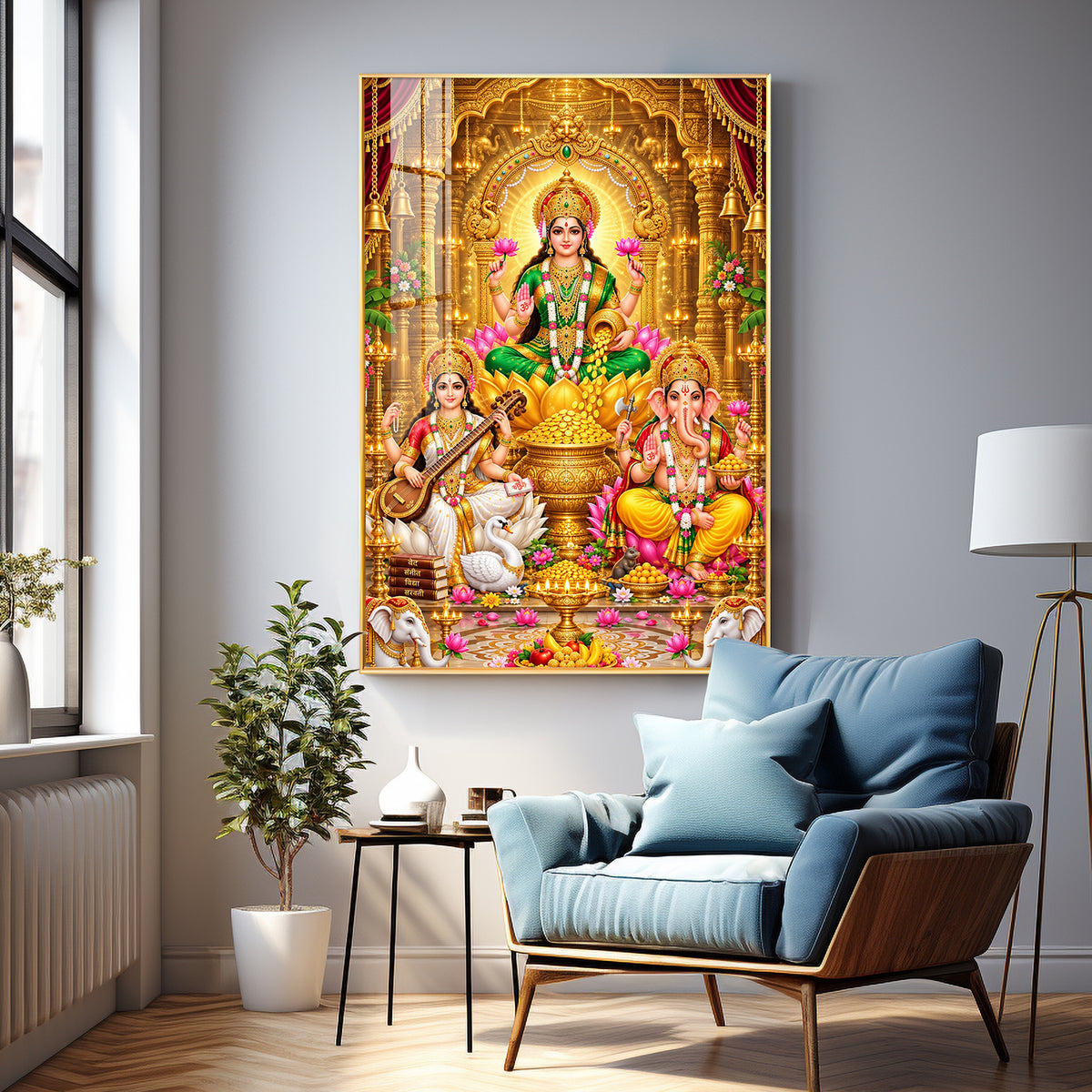Divine Maa Laxmi, Maa Saraswati & Ganesh Ji Premium Acrylic Vertical Wall Art