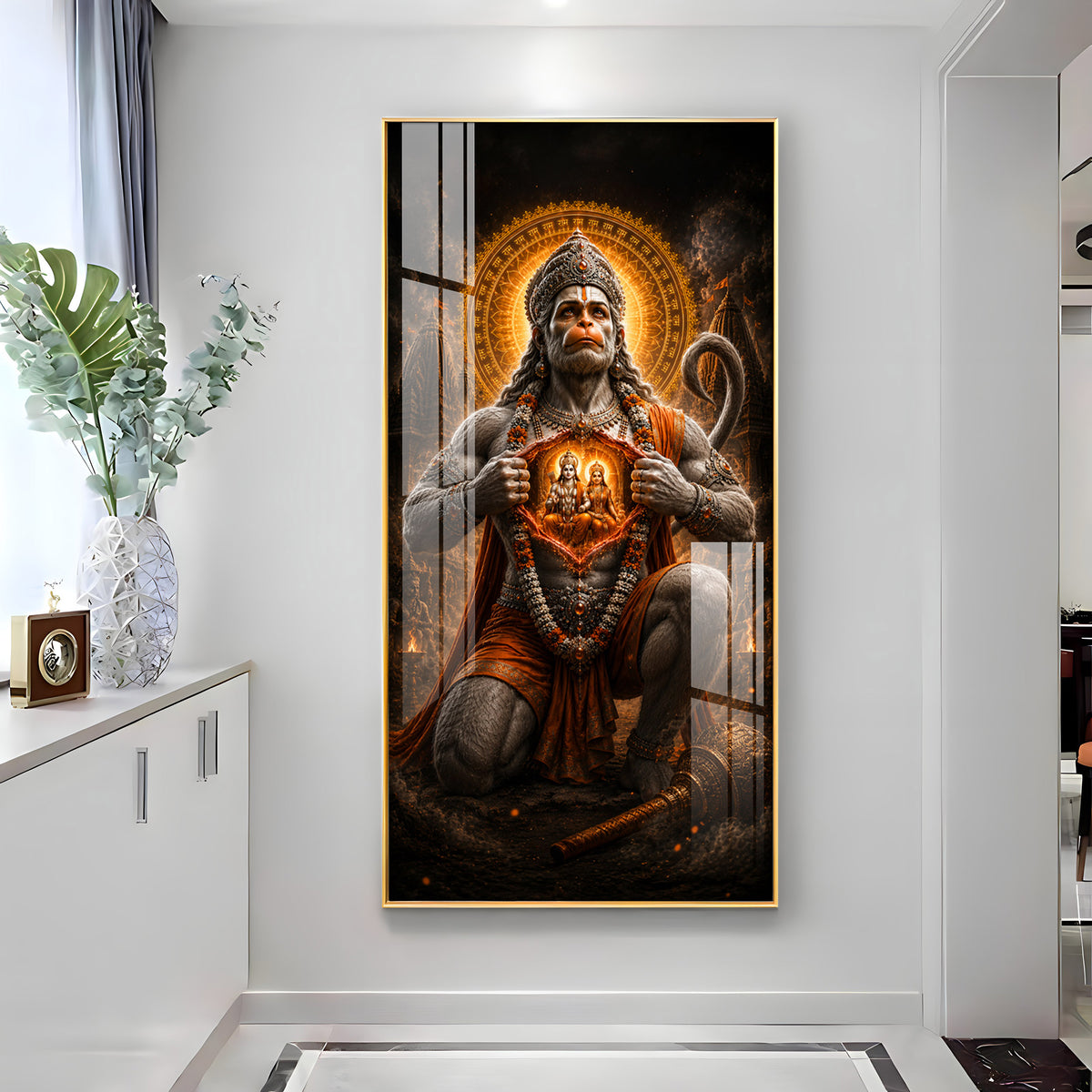 Lord Hanuman Showing Ram Sita In Heart Premium Acrylic Vertical Wall Art