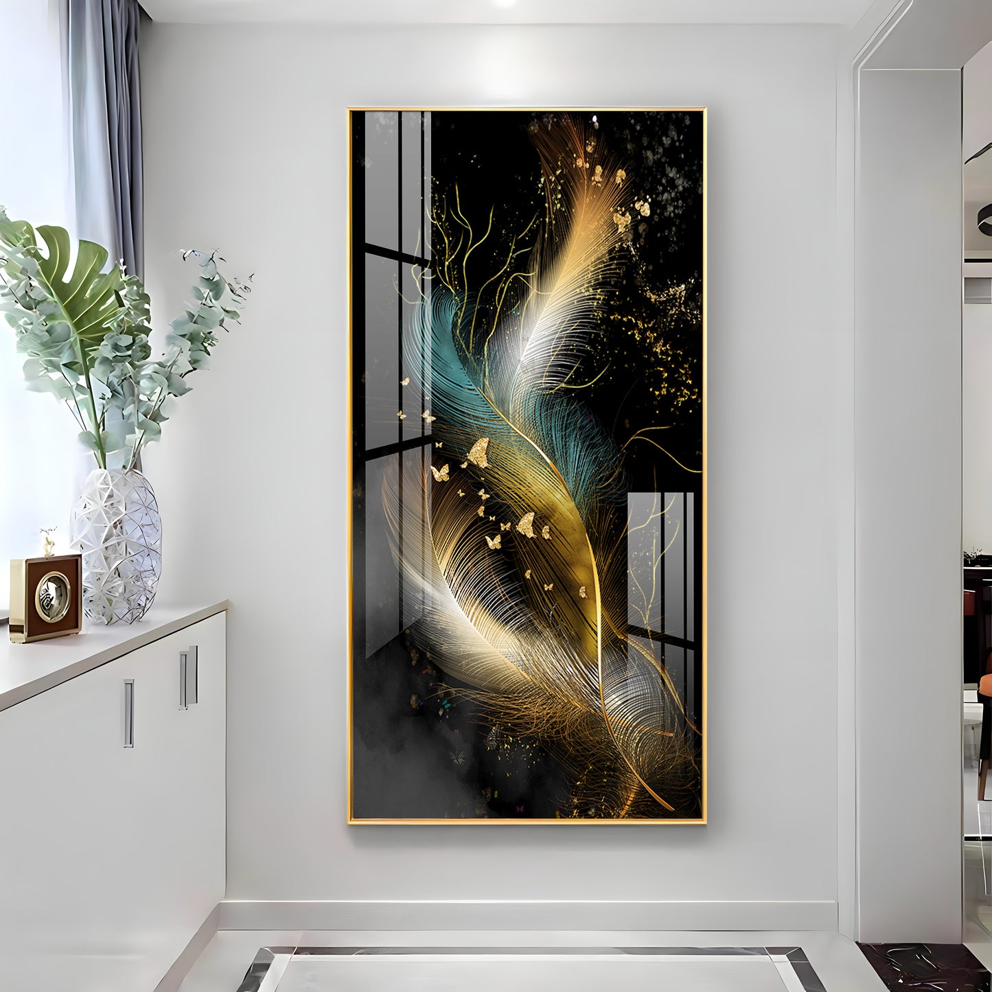 Abstract Golden & White Feathers Premium Acrylic Vertical Wall Art