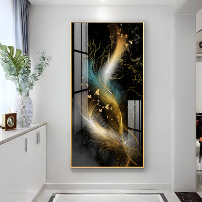 Abstract Golden & White Feathers Premium Acrylic Vertical Wall Art
