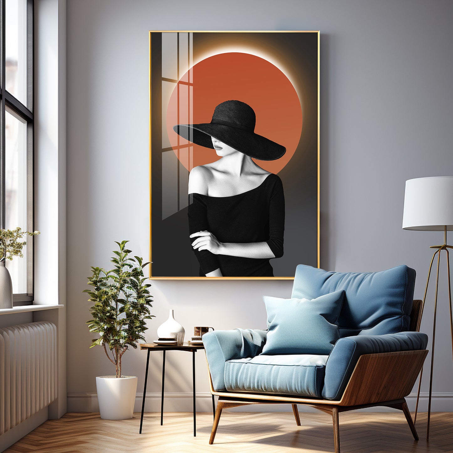 Glow Of Modern Girl In Hat Premium Acrylic Vertical Wall Art