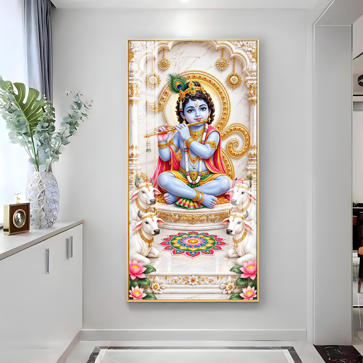 Krishna With White Cows Premium Acrylic Vertical Wall Art