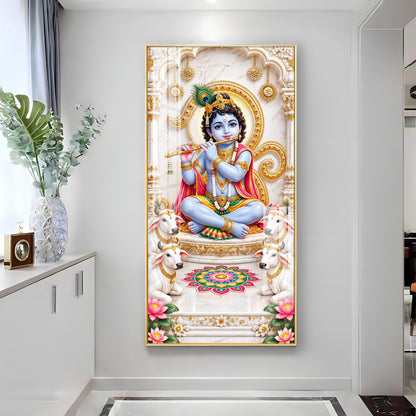 Krishna With White Cows Premium Acrylic Vertical Wall Art