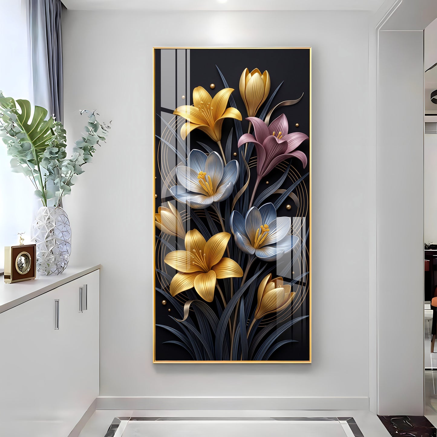 Metallic Floral Bouquet Gold & Blue Lilies Premium Acrylic Vertical Wall Art