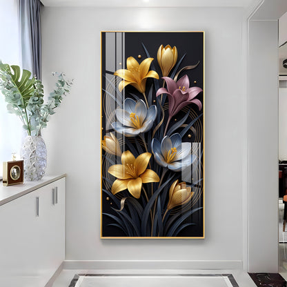 Metallic Floral Bouquet Gold & Blue Lilies Premium Acrylic Vertical Wall Art