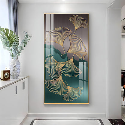 Golden Ginkgo Leaves With Dark green Premium Acrylic Vertical Wall Art