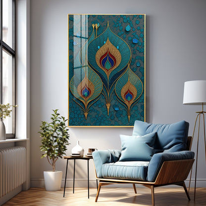 Three Ornate Peacock Feather Premium Acrylic Vertical Wall Art
