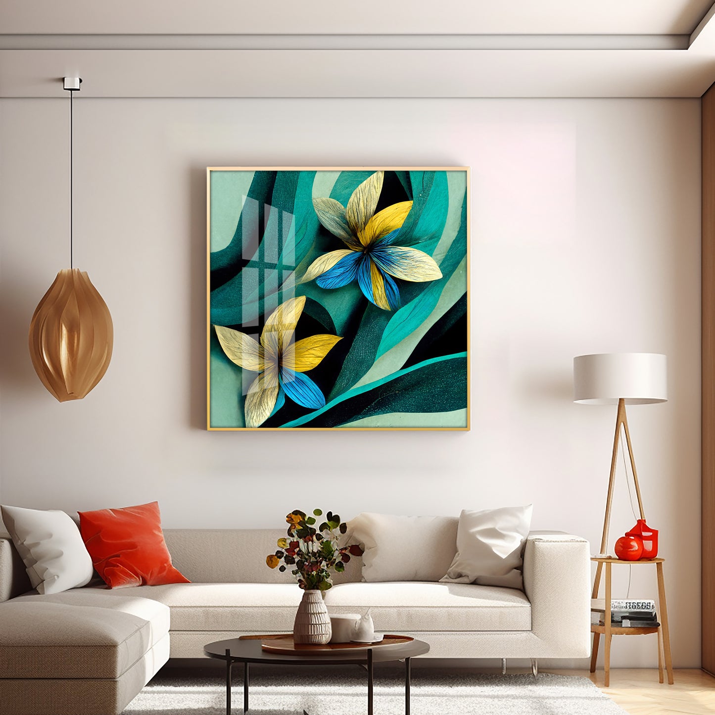 Teal and Yellow Abstract Flower Premium Acrylic Square Wall Art