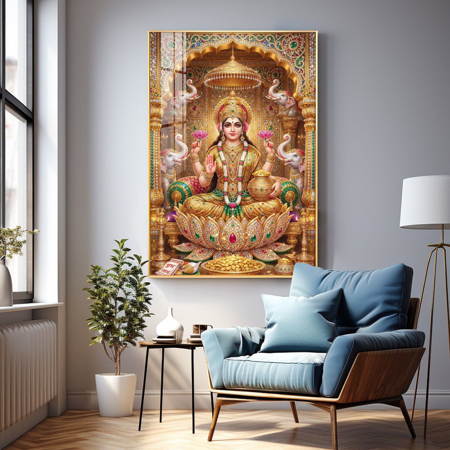 Goddess Lakshmi Seated On A Lotus Throne Premium Acrylic Vertical Wall Art
