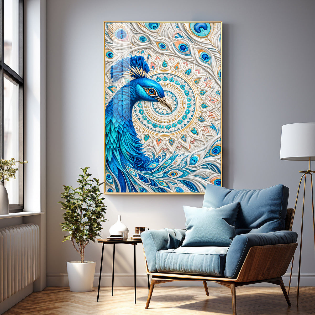 Majestic Blue Peacock Premium Acrylic Vertical Wall Art