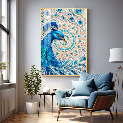 Majestic Blue Peacock Premium Acrylic Vertical Wall Art