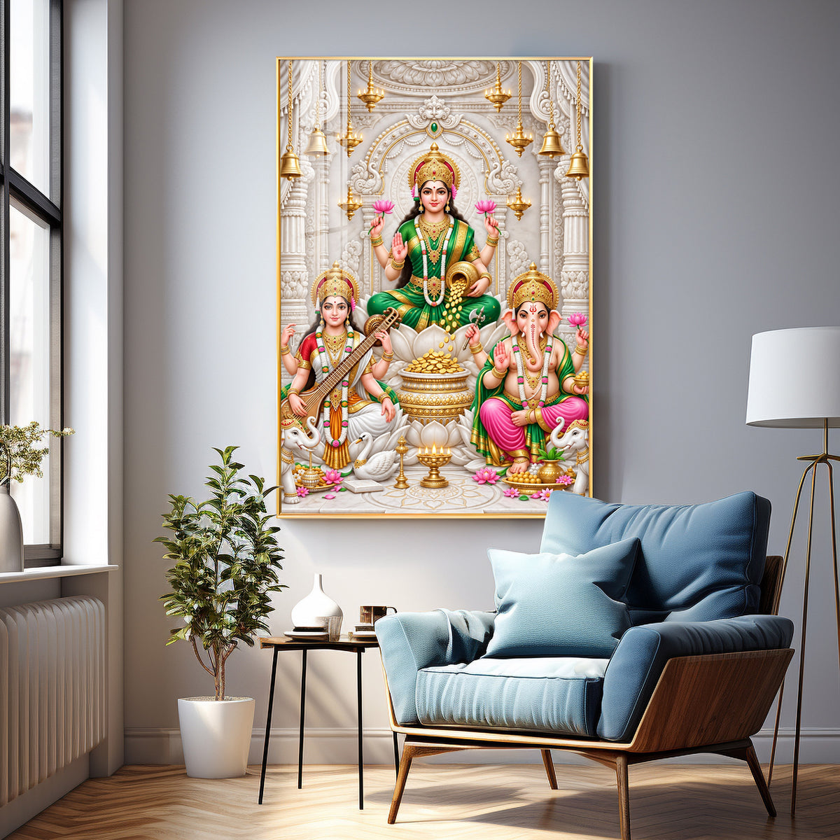Maa Laxmi Saraswati Ganesha Premium Acrylic Vertical Wall Art