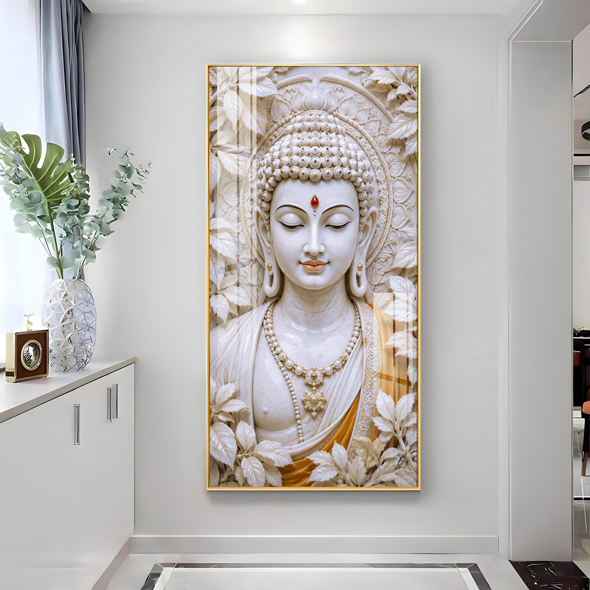 Meditating White Buddha Premium Acrylic Vertical Wall Art