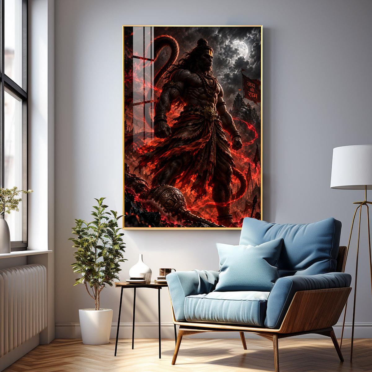 Hanuman in Red Glow Premium Acrylic Vertical Wall Art