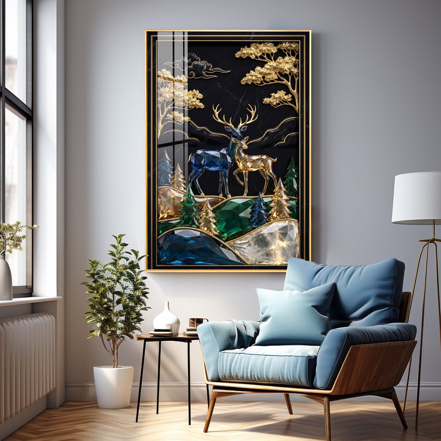 Pair Of Golden & Blue Deer Premium Acrylic Vertical Wall Art