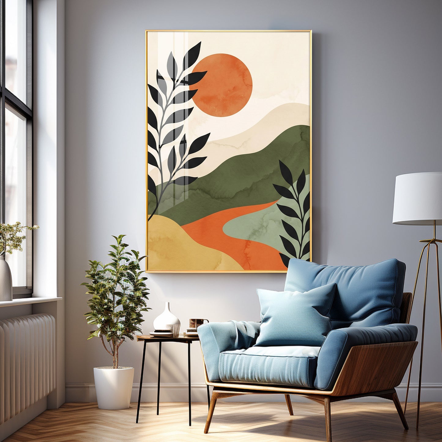 Earth-Toned Mountains & Red Moon Premium Acrylic Vertical Wall Art