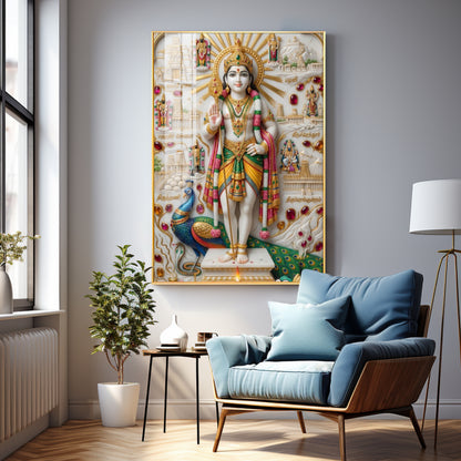 Lord Kartikeya With Peacock Premium Acrylic Vertical Wall Art