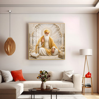 Guru Nanak Devji In Golden Shawl Premium Acrylic Square Wall Art