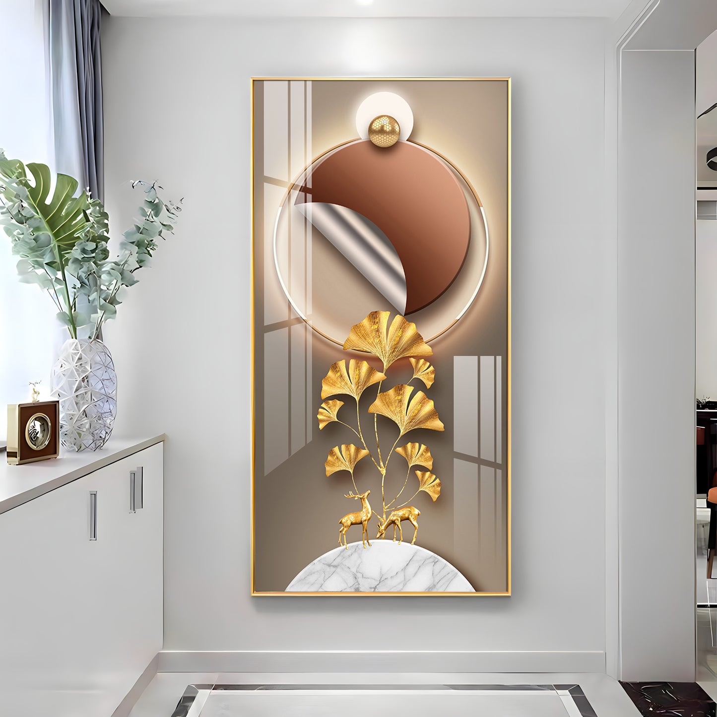 Golden Deer & Ginkgo Leaves Premium Acrylic Vertical Wall Art