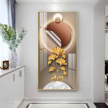 Golden Deer & Ginkgo Leaves Premium Acrylic Vertical Wall Art