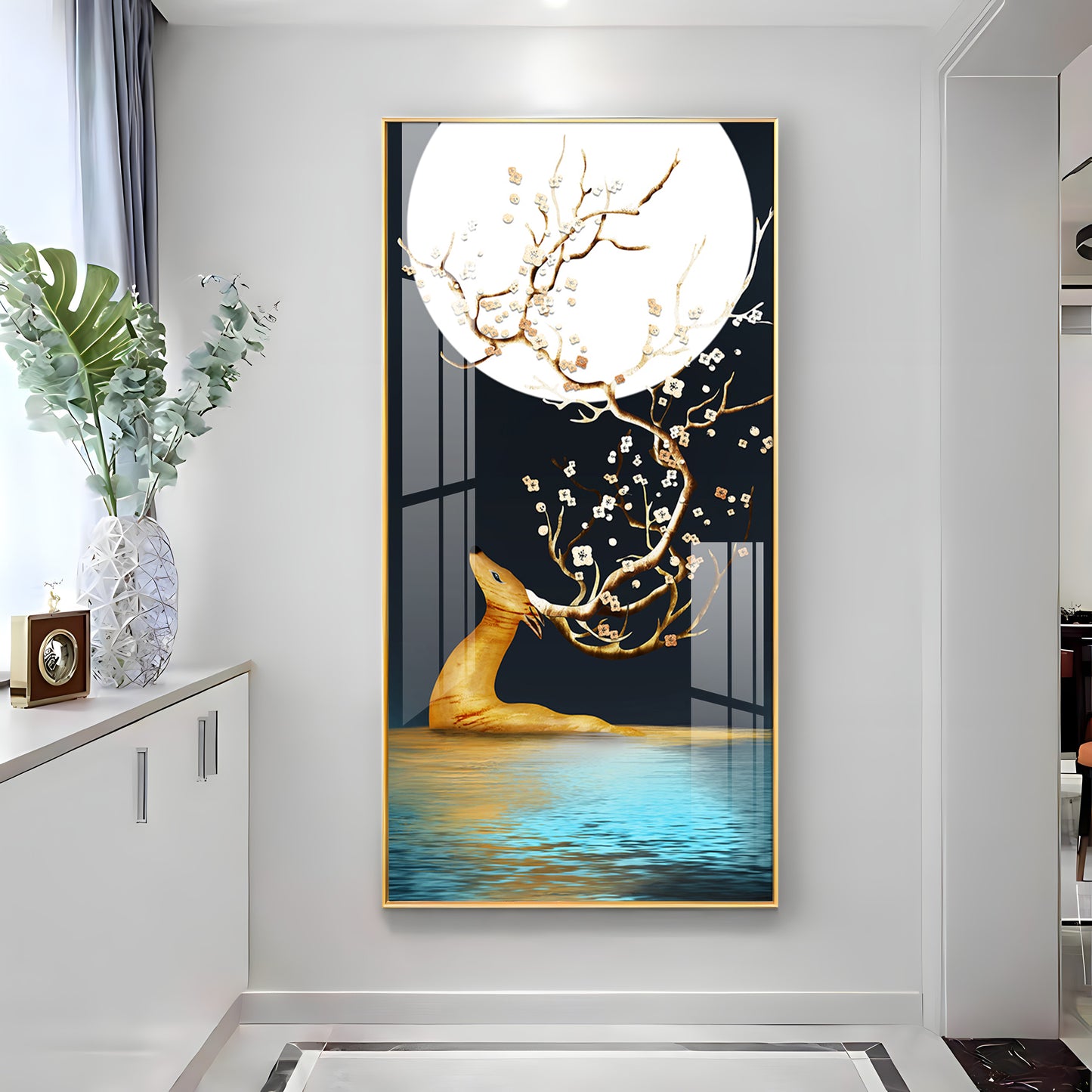 Golden Deer With Full Moon Premium Acrylic Vertical Wall Art