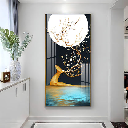 Golden Deer With Full Moon Premium Acrylic Vertical Wall Art