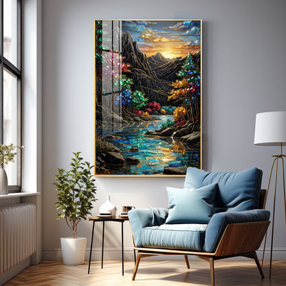 Depicting Mountains & River Premium Acrylic Vertical Wall Art