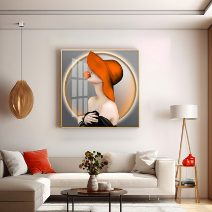 Modern Girl With Hat Premium Acrylic Square Wall Art