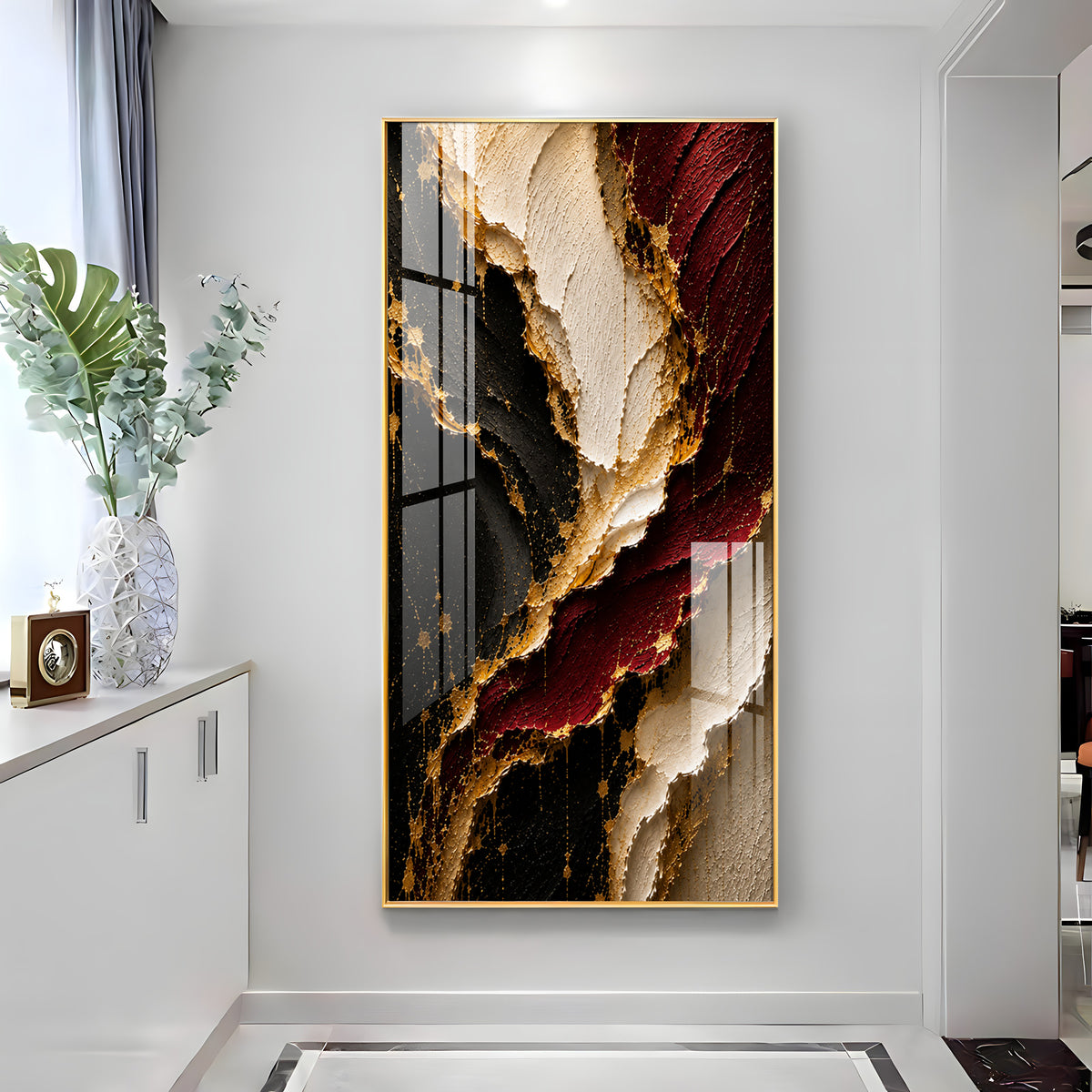 Luxurious Textured Abstract Maroon Black & Gold Premium Acrylic Vertical Wall Art