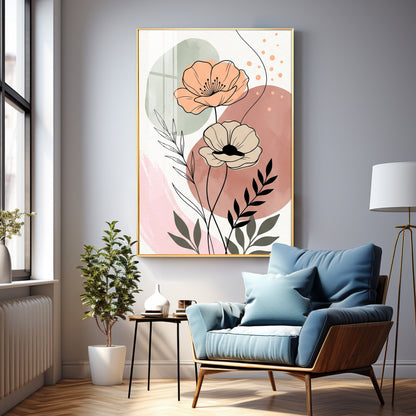 Floral Line & Geometric Shapes Premium Acrylic Vertical Wall Art
