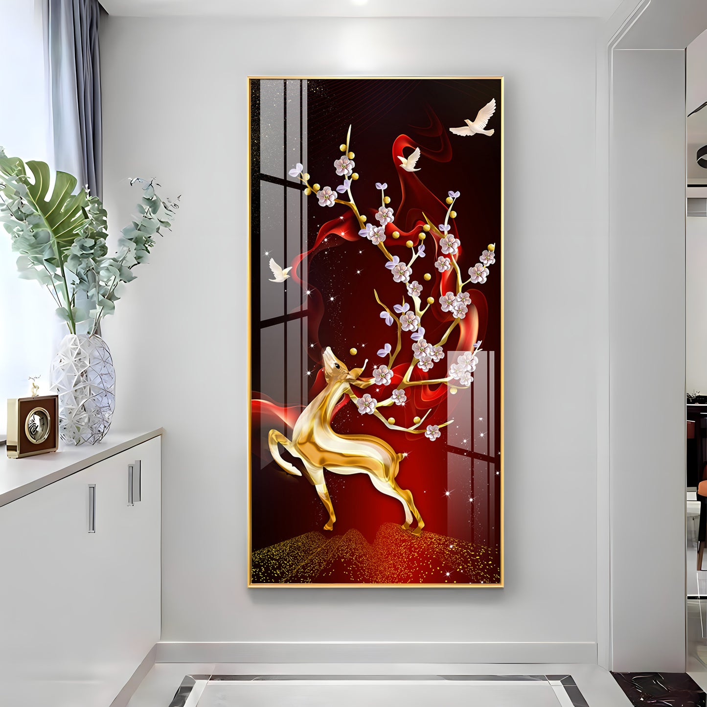 Golden Deer With Red Background Premium Acrylic Vertical Wall Art