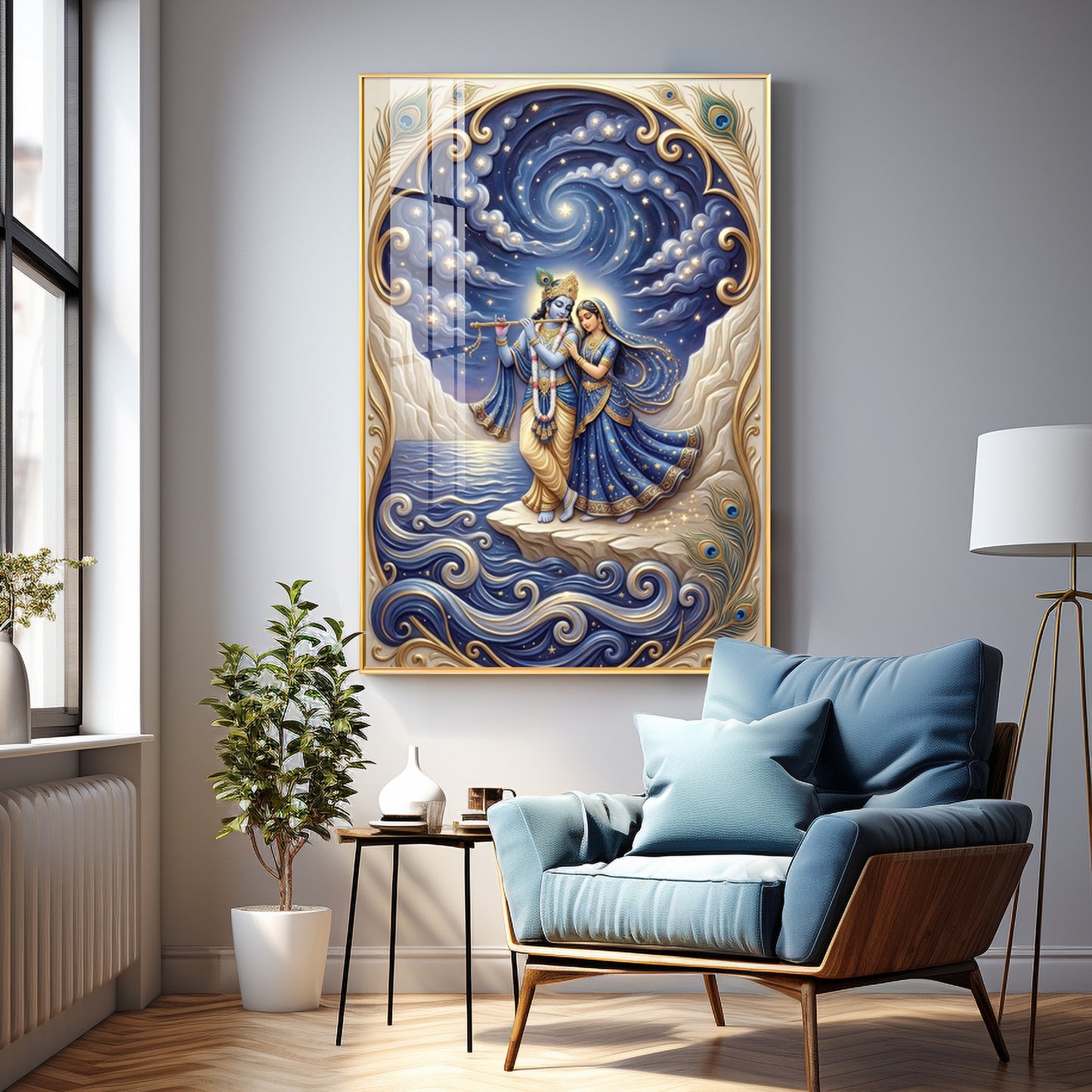 Radha Krishna Moonlit Dance Premium Acrylic Vertical Wall Art