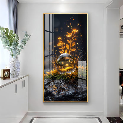 Glowing Crystal Orb & Golden Flowers Premium Acrylic Vertical Wall Art