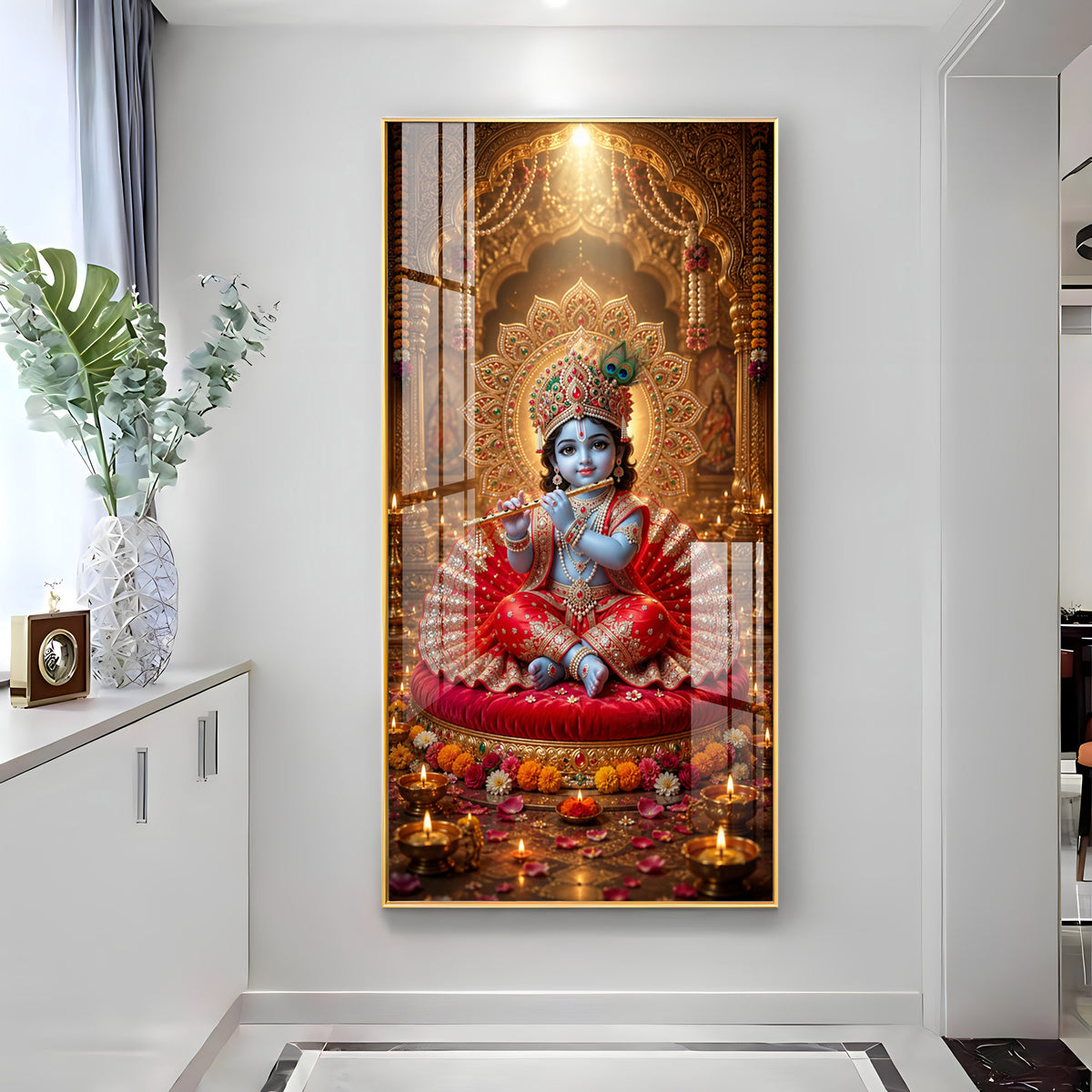 Divine Bal Krishna With Makhan Matki Premium Acrylic Vertical Wall Art