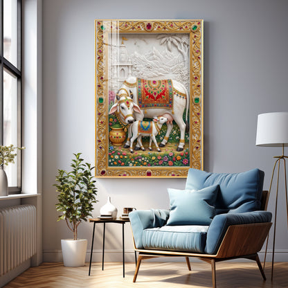 Sacred Kamdhenu Cow Premium Acrylic Vertical Wall Art