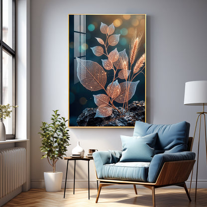 Glowing Vein Leaf & Wheat Premium Acrylic Vertical Wall Art