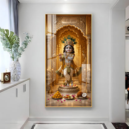 Little Krishna Playing Bansuri Premium Acrylic Vertical Wall Art