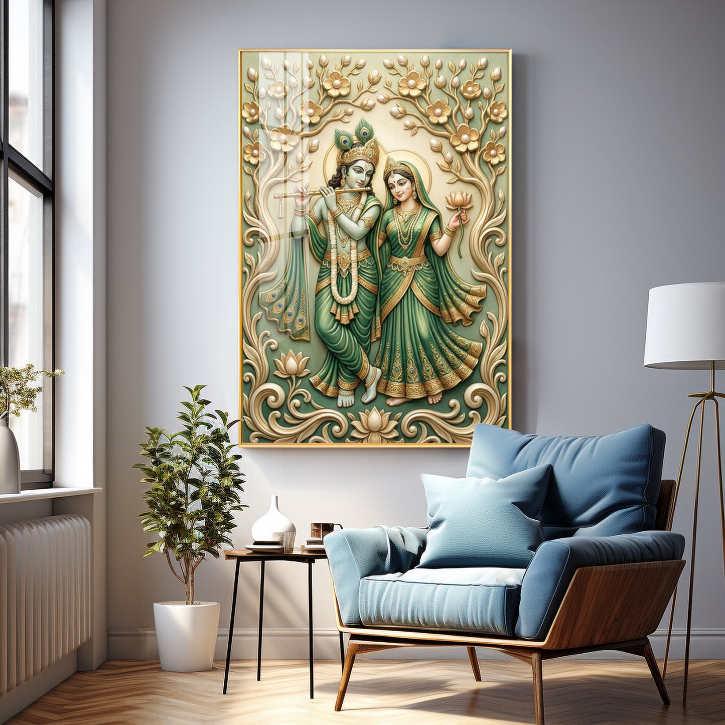 Radha Krishna With Green Background Premium Acrylic Vertical Wall Art