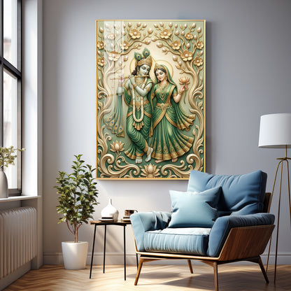 Radha Krishna With Green Background Premium Acrylic Vertical Wall Art