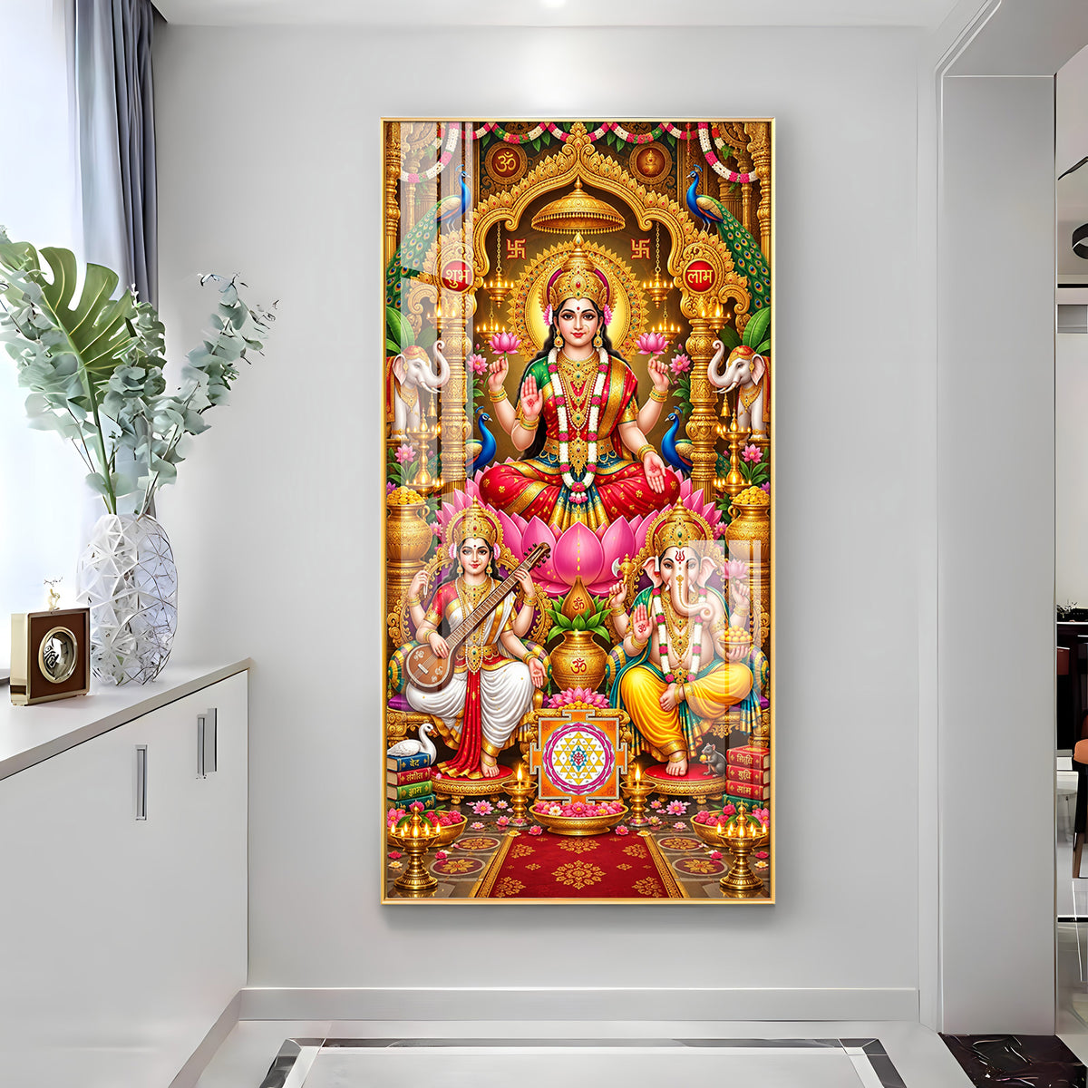 Maa Laxmi, Ganesh Ji & Saraswati Premium Acrylic Vertical Wall Art