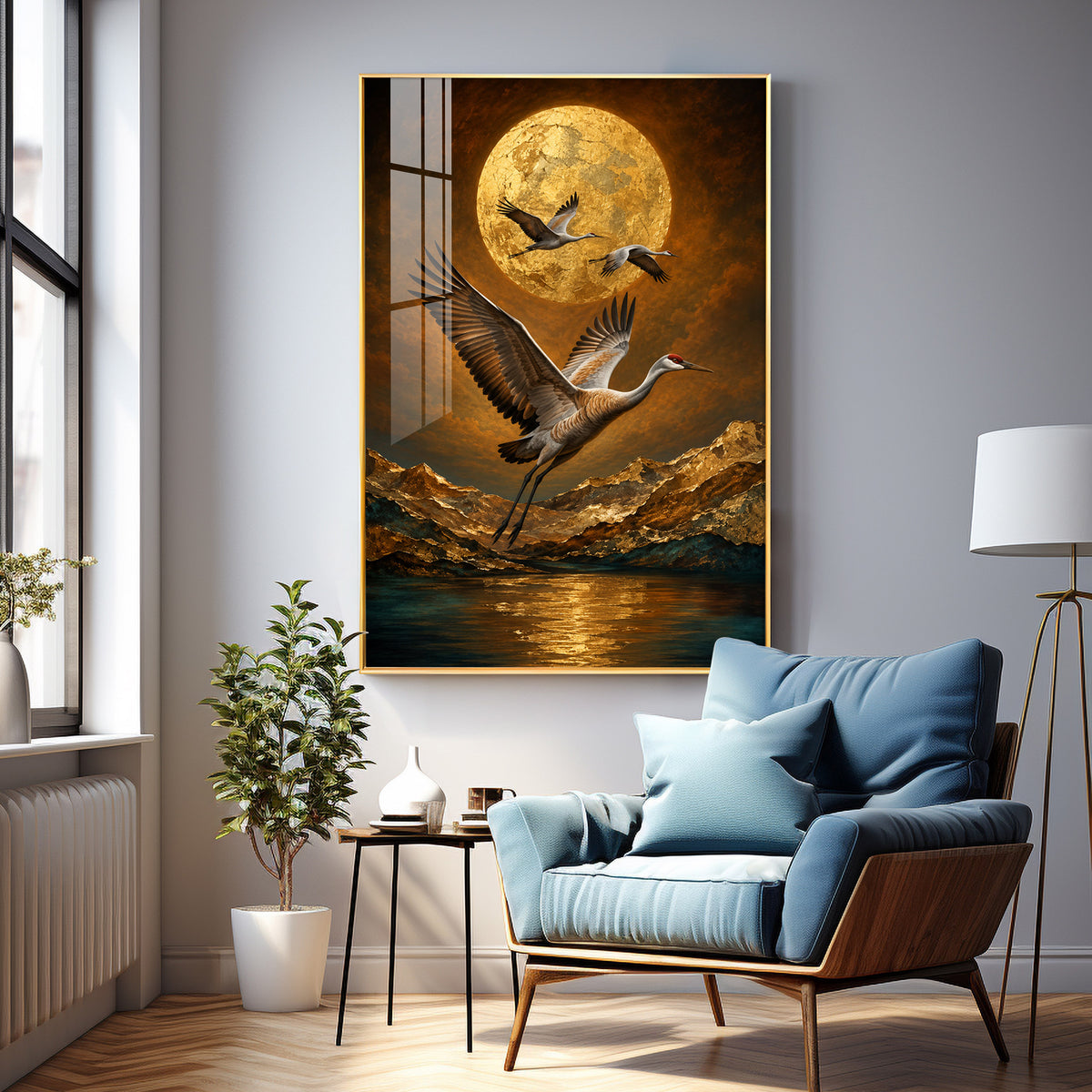 Golden Moon & Flying Cranes Premium Acrylic Vertical Wall Art