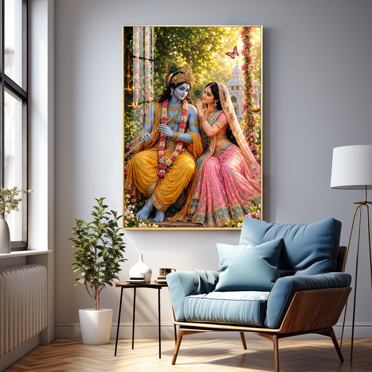 Lord Krishna Holding A Flute With Radha Premium Acrylic Vertical Wall Art