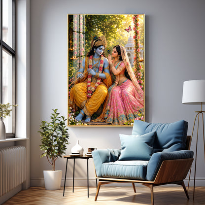 Lord Krishna Holding A Flute With Radha Premium Acrylic Vertical Wall Art