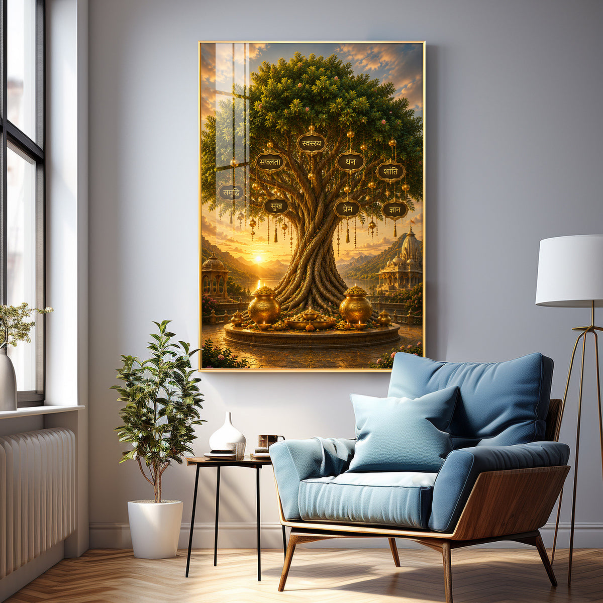 Golden Kalpavriksha Tree Premium Acrylic Vertical Wall Art