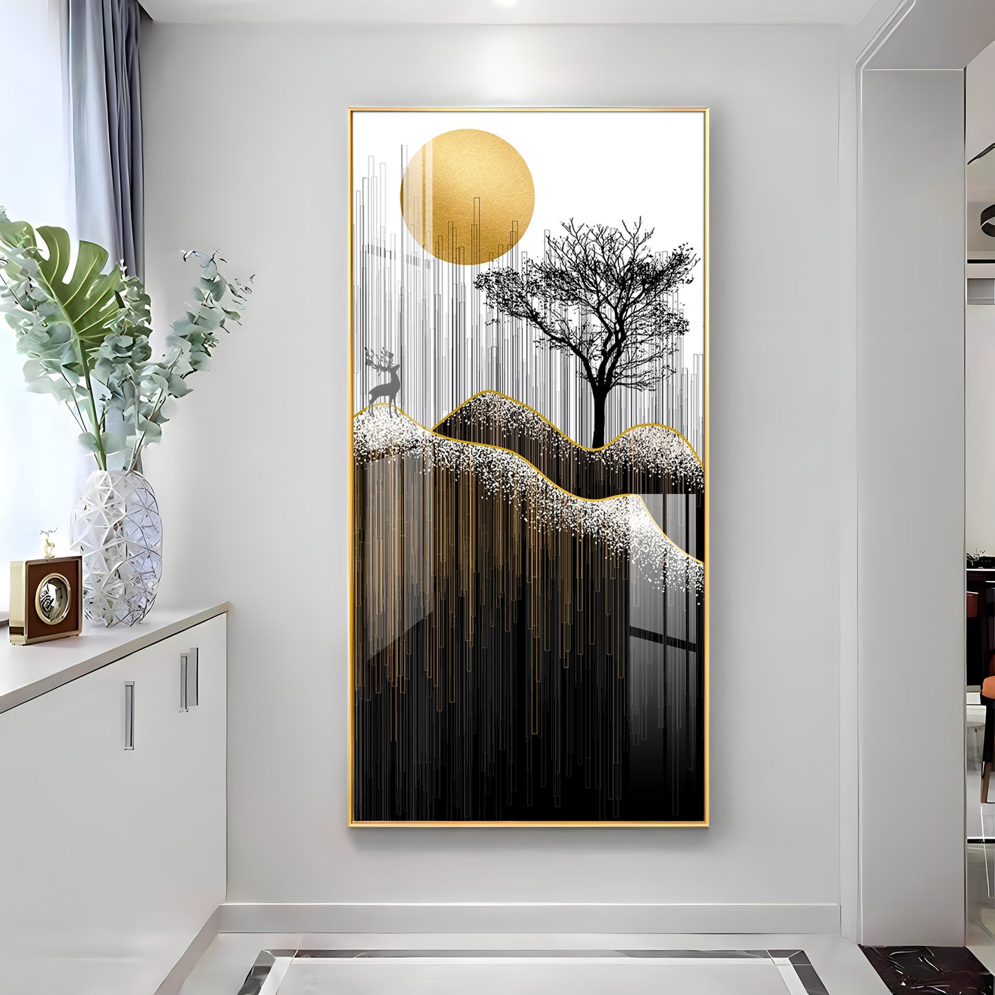 Gold Moon Stylized Black Tree Premium Acrylic Vertical Wall Art