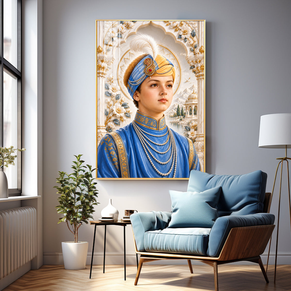 Guru Harkrishan Sahib Ji In Blue Attire Premium Acrylic Vertical Wall Art