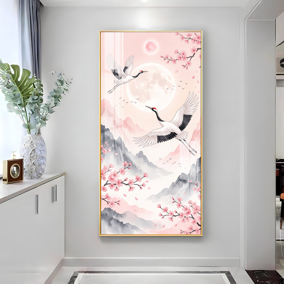 Flying Crane Birds & Cherry Blossom Premium Acrylic Vertical Wall Art