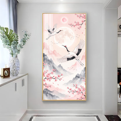 Flying Crane Birds & Cherry Blossom Premium Acrylic Vertical Wall Art