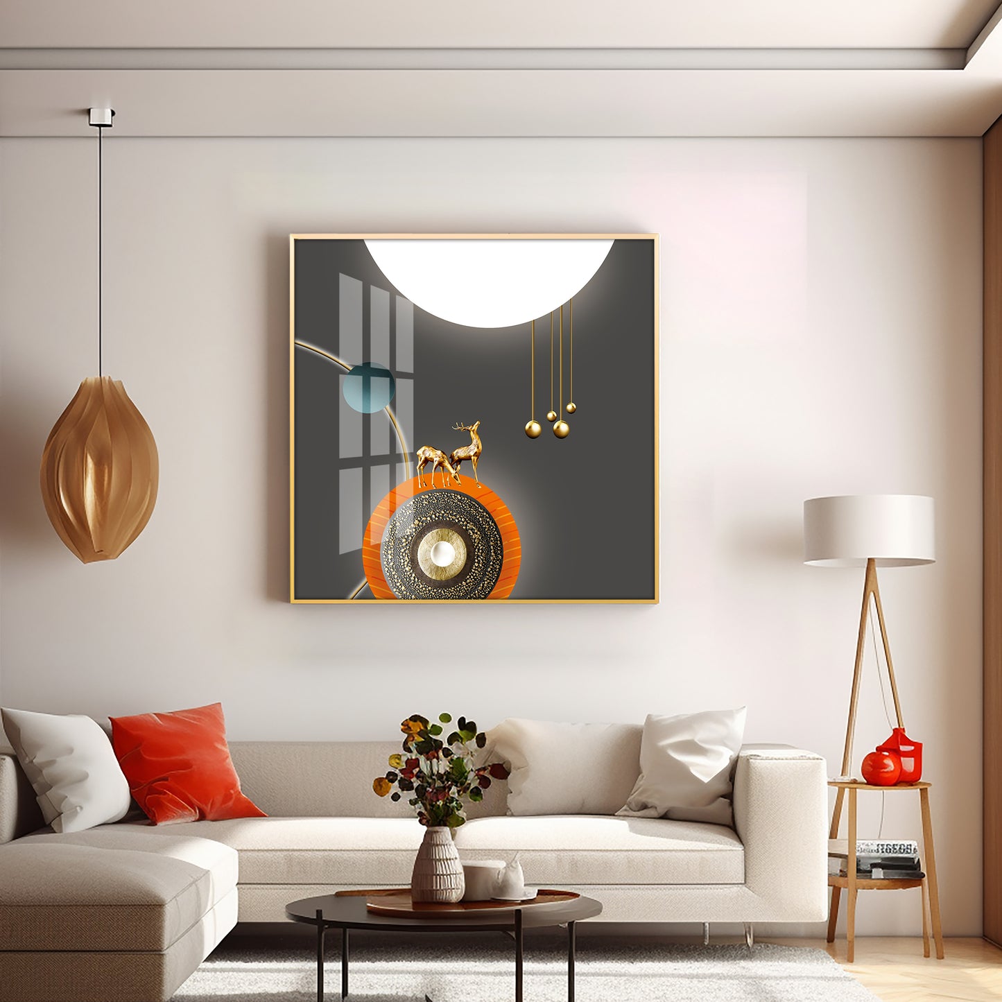 Golden Deer White & Gold Toned Design Premium Acrylic Square Wall Art