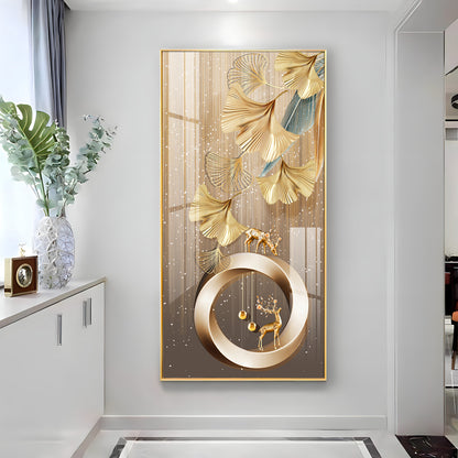 Golden Deer With Leaf Premium Acrylic Vertical Wall Art
